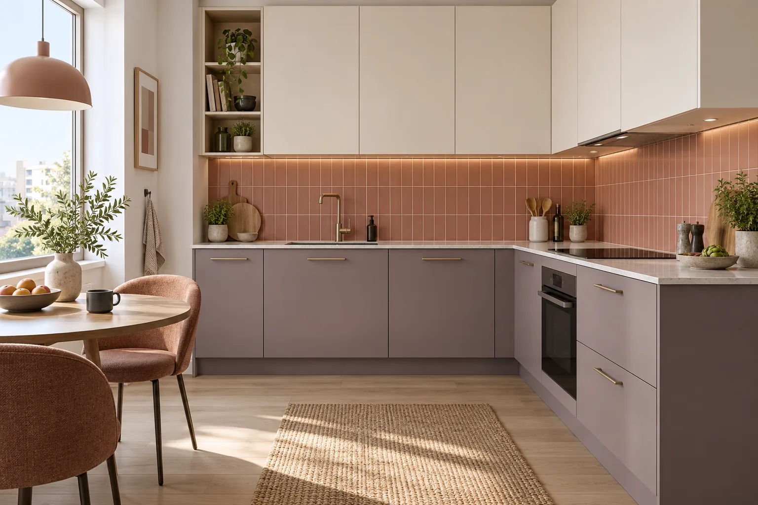 Plum-gray lower cabinets and cream wall units with a coral tiled backsplash