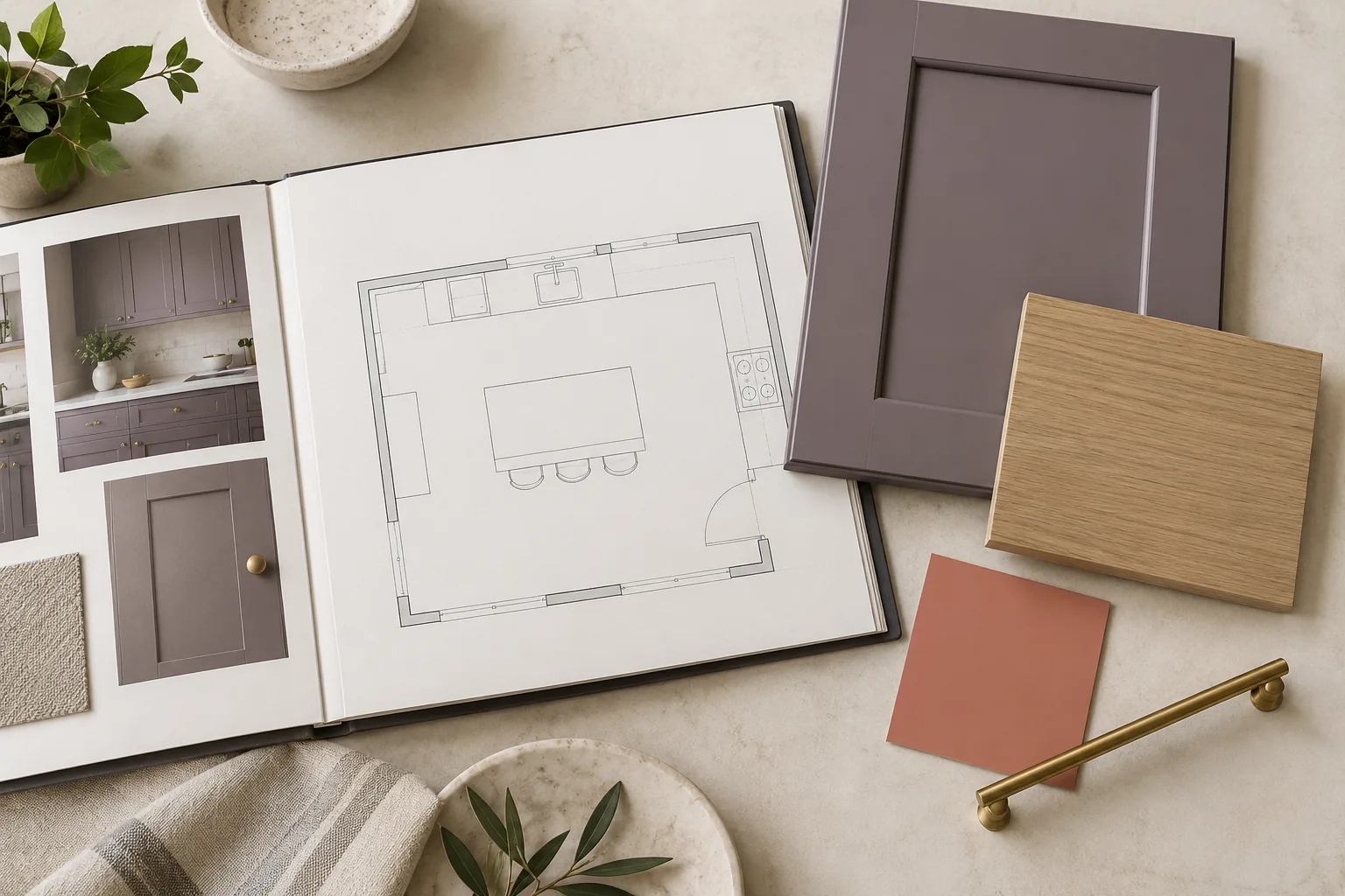 Open cabinet planning folio with a room drawing, plum door and oak finish samples