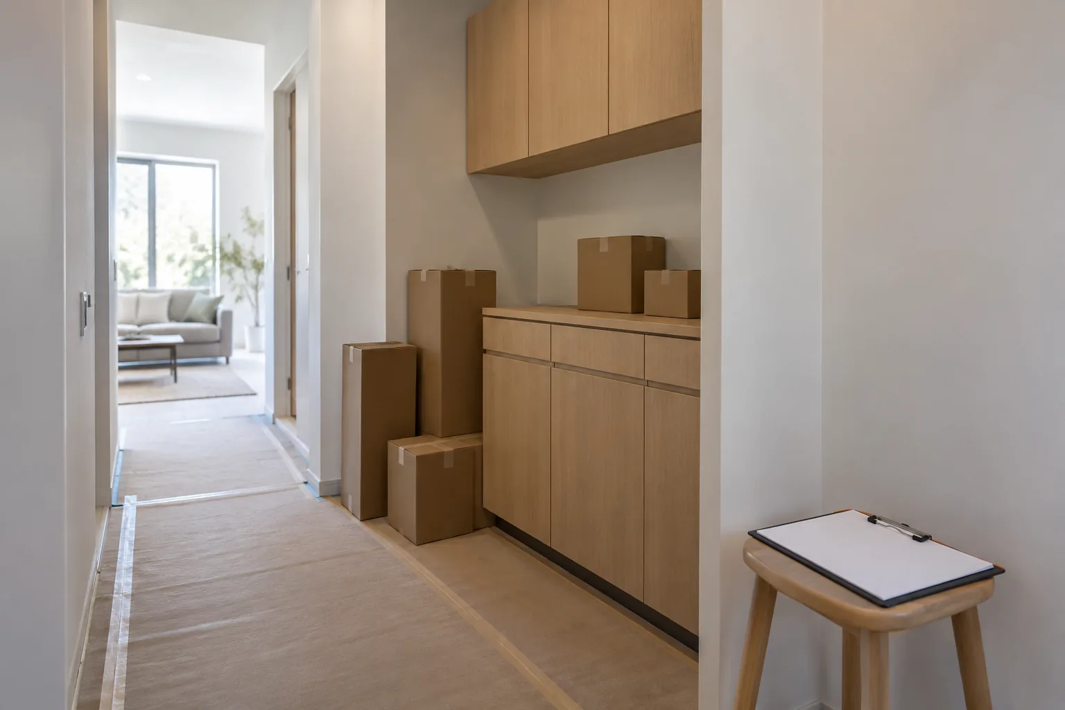 Plain cartons in a receiving alcove beside oak storage and a protected corridor